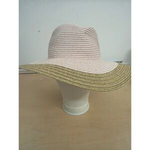 Woven Straw Sun Hat Blush Pink Gold Metallic Floppy Brim Summer Beach Fedora